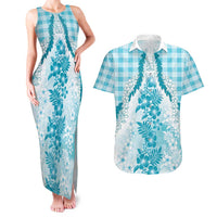 Aloha Hawaii Palaka Couples Matching Tank Maxi Dress and Hawaiian Shirt Blue Plumeria Lei - Polynesian Pride