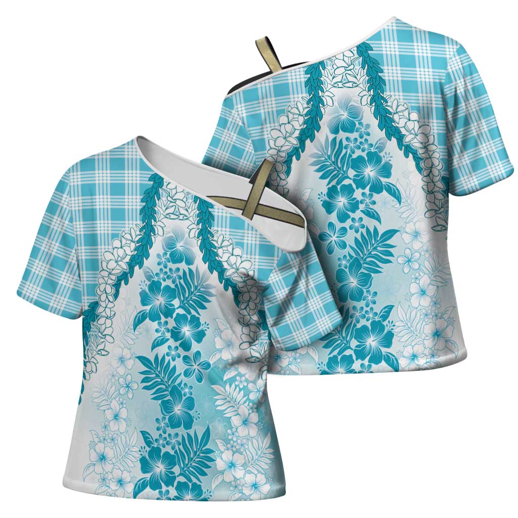 Aloha Hawaii Palaka Cross Shoulder Shirt Blue Plumeria Lei LT05 - Polynesian Pride