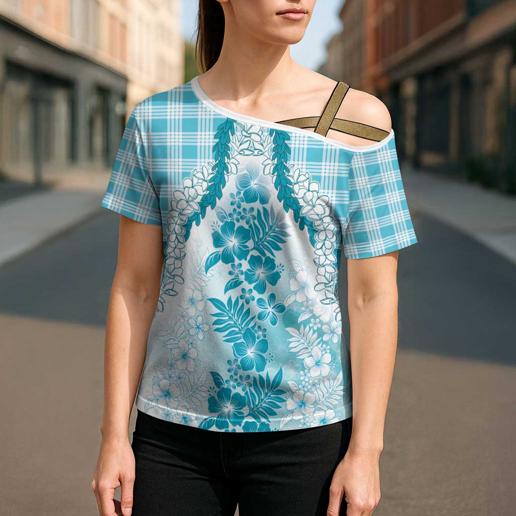 Aloha Hawaii Palaka Cross Shoulder Shirt Blue Plumeria Lei LT05 - Polynesian Pride