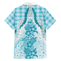 Aloha Hawaii Palaka Family Matching Long Sleeve Bodycon Dress and Hawaiian Shirt Blue Plumeria Lei - Polynesian Pride