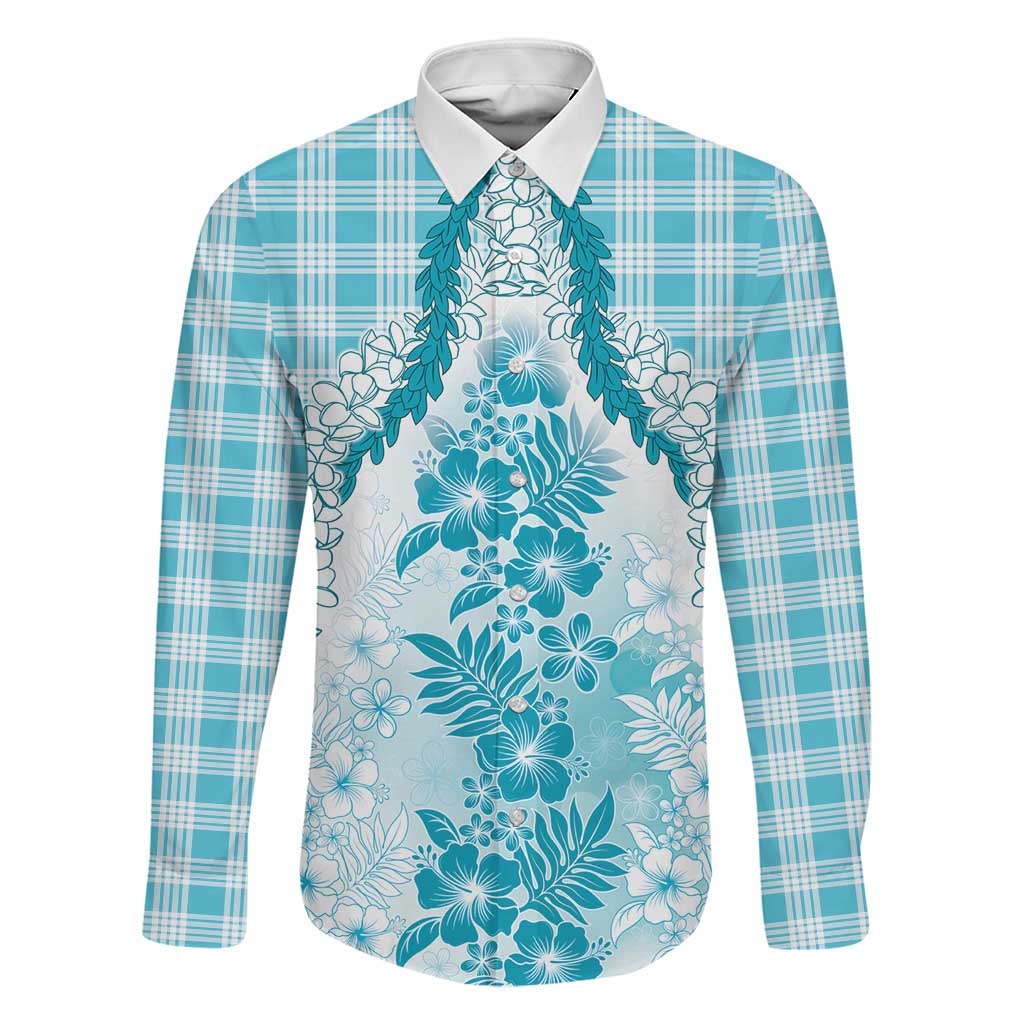 Aloha Hawaii Palaka Family Matching Long Sleeve Bodycon Dress and Hawaiian Shirt Blue Plumeria Lei - Polynesian Pride