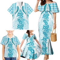 Aloha Hawaii Palaka Family Matching Mermaid Dress and Hawaiian Shirt Blue Plumeria Lei - Polynesian Pride