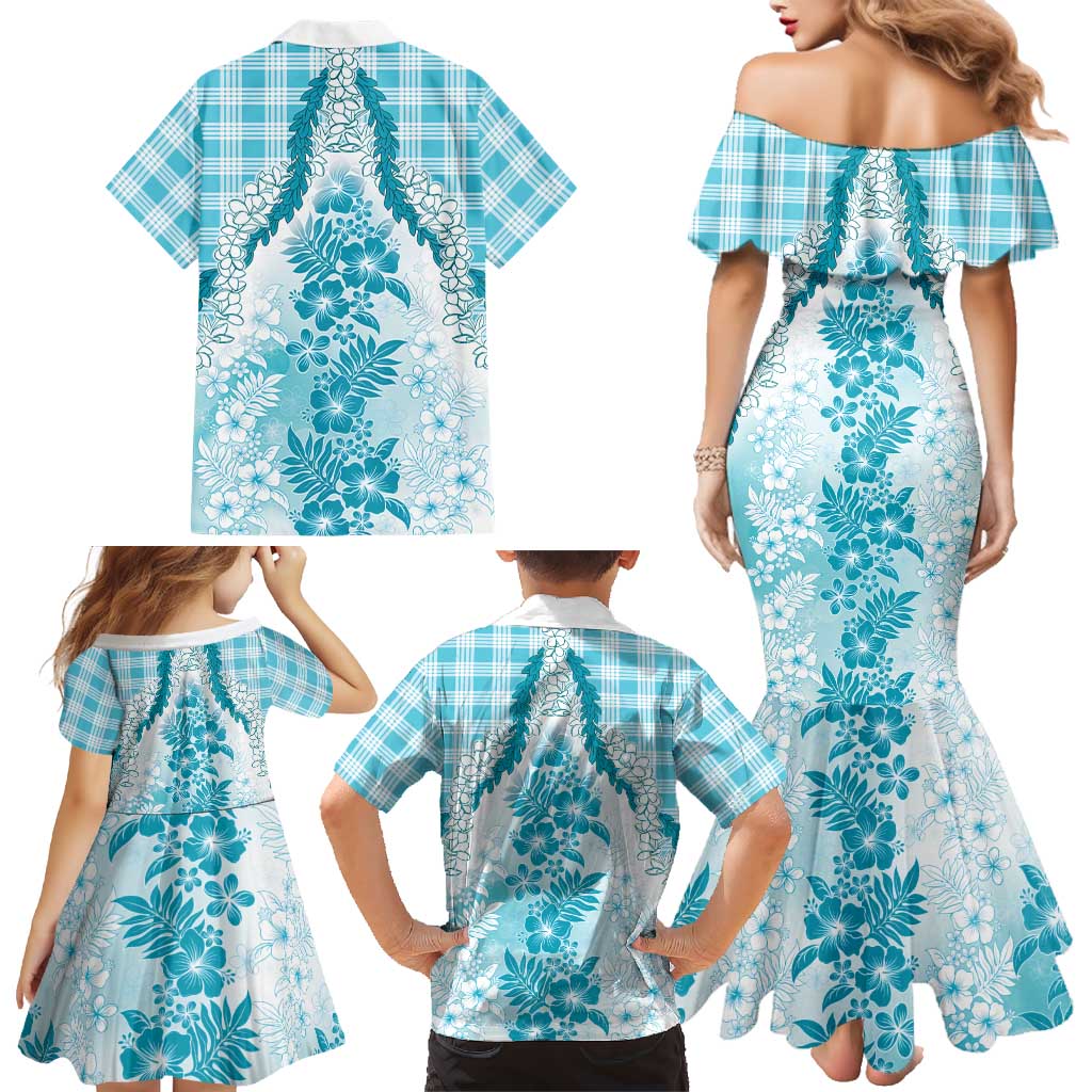 Aloha Hawaii Palaka Family Matching Mermaid Dress and Hawaiian Shirt Blue Plumeria Lei - Polynesian Pride