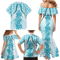 Aloha Hawaii Palaka Family Matching Mermaid Dress and Hawaiian Shirt Blue Plumeria Lei - Polynesian Pride