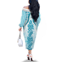 Aloha Hawaii Palaka Family Matching Off The Shoulder Long Sleeve Dress and Hawaiian Shirt Blue Plumeria Lei - Polynesian Pride