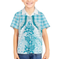 Aloha Hawaii Palaka Family Matching Off The Shoulder Long Sleeve Dress and Hawaiian Shirt Blue Plumeria Lei - Polynesian Pride