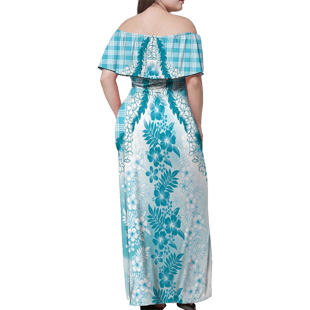 Aloha Hawaii Palaka Family Matching Off Shoulder Maxi Dress and Hawaiian Shirt Blue Plumeria Lei - Polynesian Pride