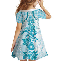 Aloha Hawaii Palaka Family Matching Off Shoulder Short Dress and Hawaiian Shirt Blue Plumeria Lei - Polynesian Pride