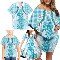 Aloha Hawaii Palaka Family Matching Off Shoulder Short Dress and Hawaiian Shirt Blue Plumeria Lei - Polynesian Pride