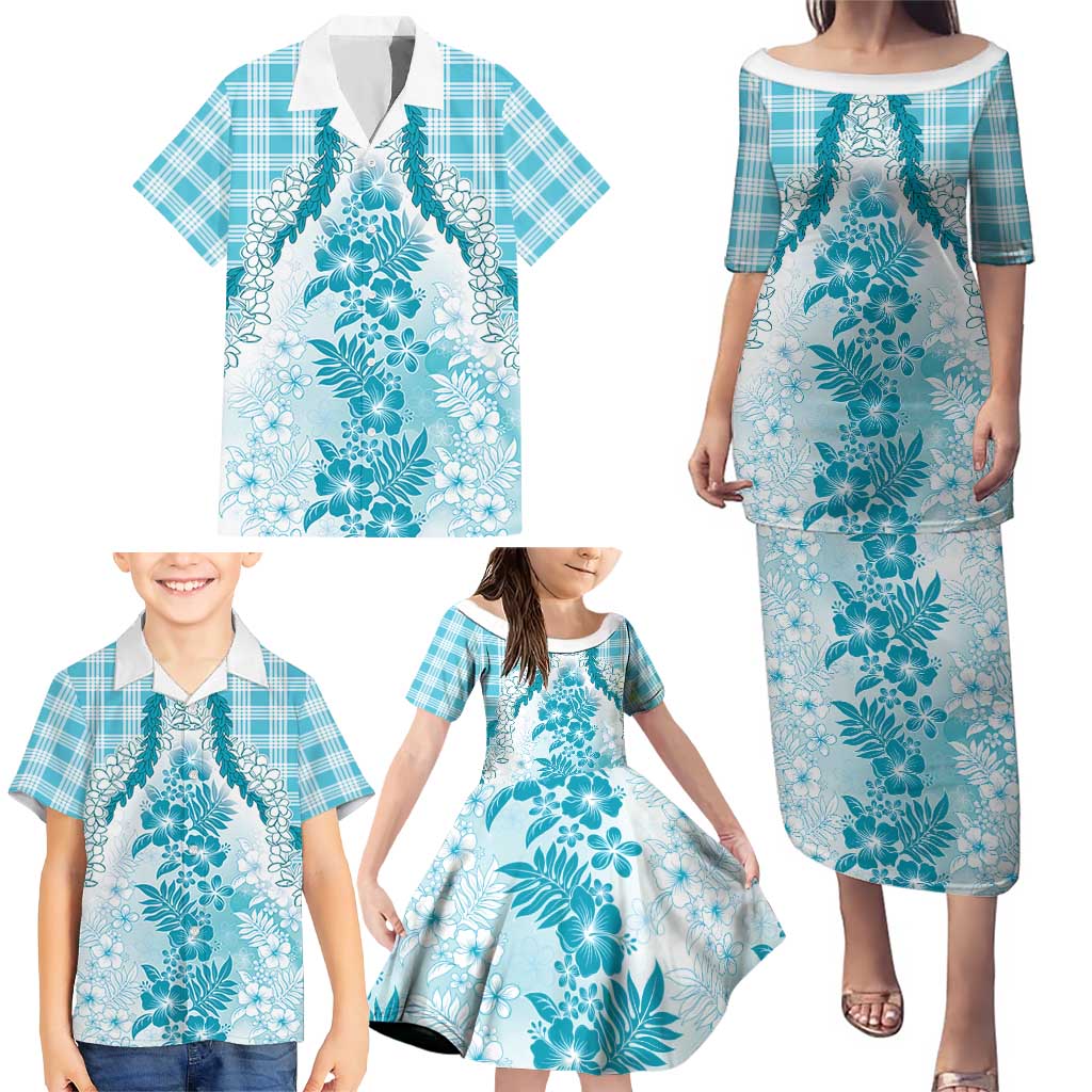 Aloha Hawaii Palaka Family Matching Puletasi and Hawaiian Shirt Blue Plumeria Lei - Polynesian Pride
