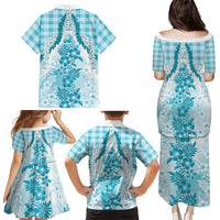 Aloha Hawaii Palaka Family Matching Puletasi and Hawaiian Shirt Blue Plumeria Lei - Polynesian Pride