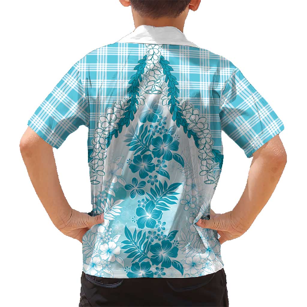 Aloha Hawaii Palaka Family Matching Short Sleeve Bodycon Dress and Hawaiian Shirt Blue Plumeria Lei - Polynesian Pride