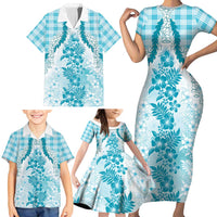 Aloha Hawaii Palaka Family Matching Short Sleeve Bodycon Dress and Hawaiian Shirt Blue Plumeria Lei - Polynesian Pride