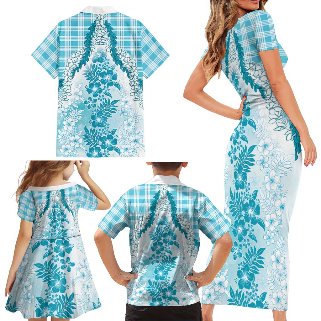 Aloha Hawaii Palaka Family Matching Short Sleeve Bodycon Dress and Hawaiian Shirt Blue Plumeria Lei - Polynesian Pride
