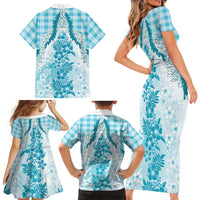 Aloha Hawaii Palaka Family Matching Short Sleeve Bodycon Dress and Hawaiian Shirt Blue Plumeria Lei - Polynesian Pride