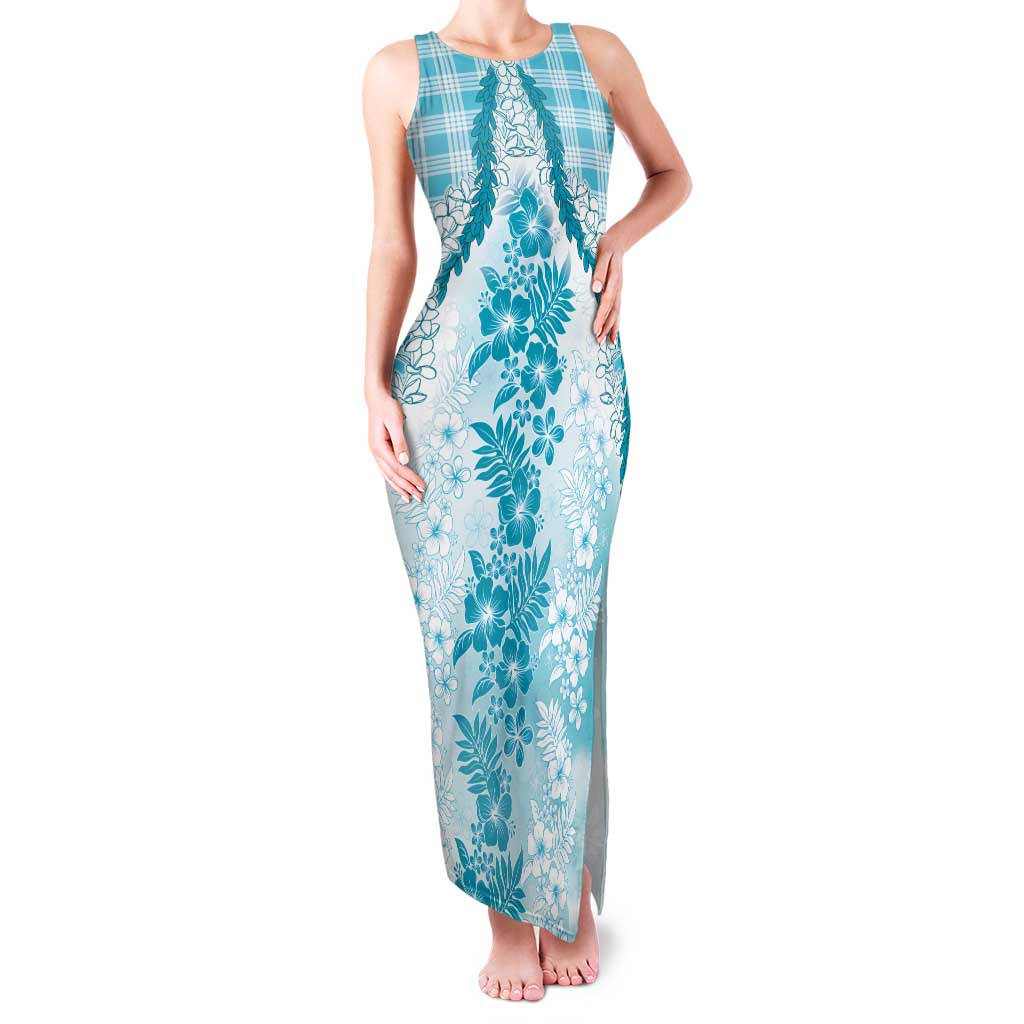 Aloha Hawaii Palaka Family Matching Tank Maxi Dress and Hawaiian Shirt Blue Plumeria Lei - Polynesian Pride