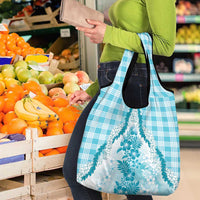 Aloha Hawaii Palaka Grocery Bag Blue Plumeria Lei - Polynesian Pride