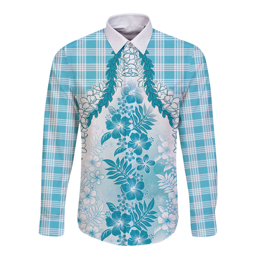 Aloha Hawaii Palaka Long Sleeve Button Shirt Blue Plumeria Lei - Polynesian Pride