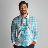 Aloha Hawaii Palaka Long Sleeve Polo Shirt Blue Plumeria Lei - Polynesian Pride