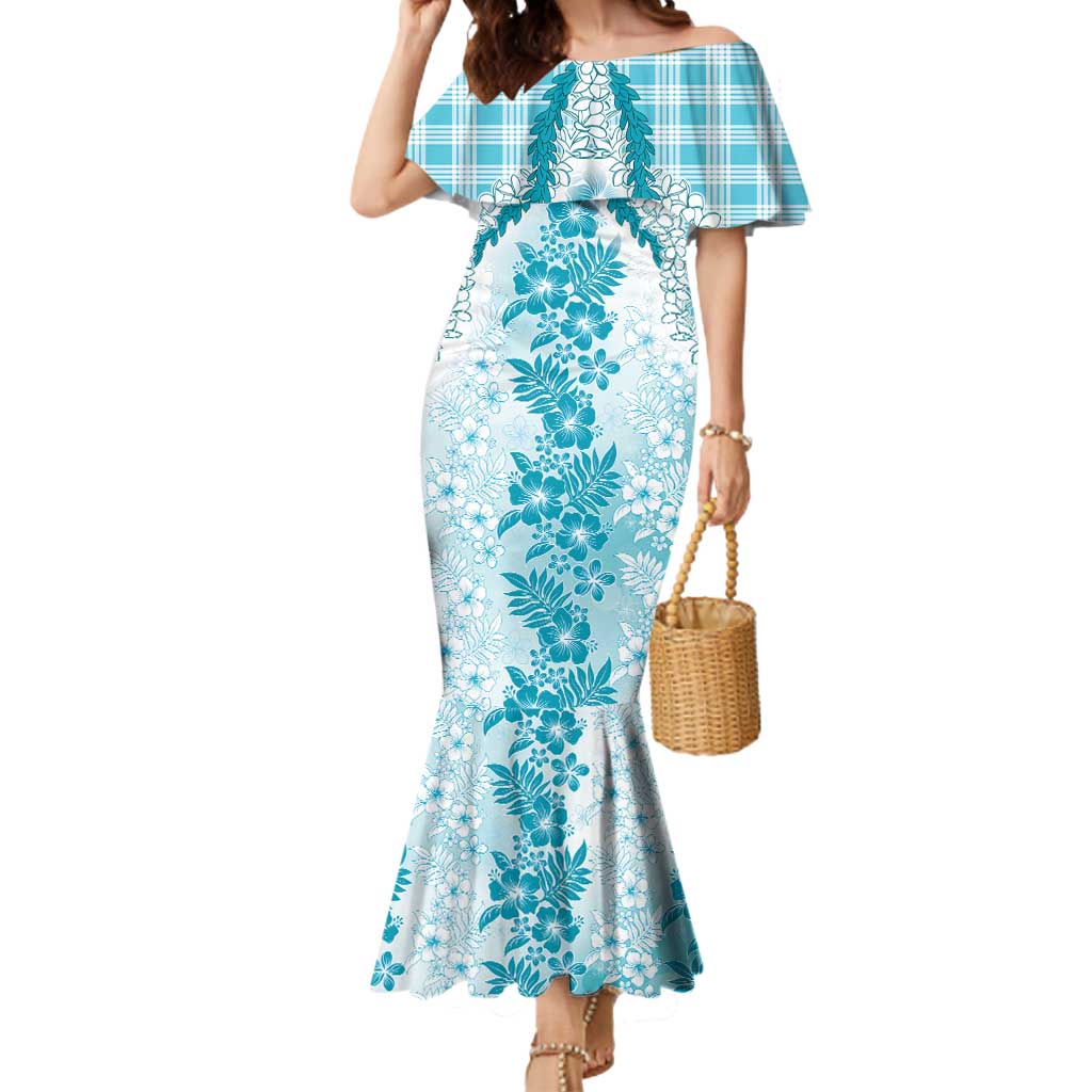 Aloha Hawaii Palaka Mermaid Dress Blue Plumeria Lei - Polynesian Pride