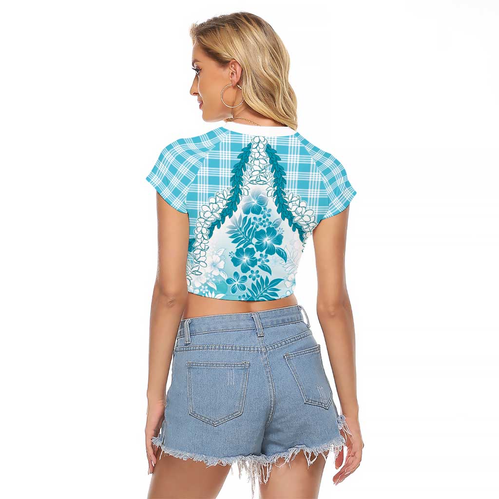 Aloha Hawaii Palaka Raglan Cropped T Shirt Blue Plumeria Lei - Polynesian Pride