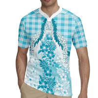 Aloha Hawaii Palaka Rugby Jersey Blue Plumeria Lei - Polynesian Pride