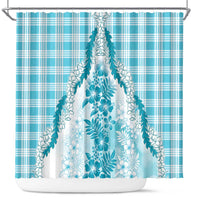 Aloha Hawaii Palaka Shower Curtain Blue Plumeria Lei - Polynesian Pride