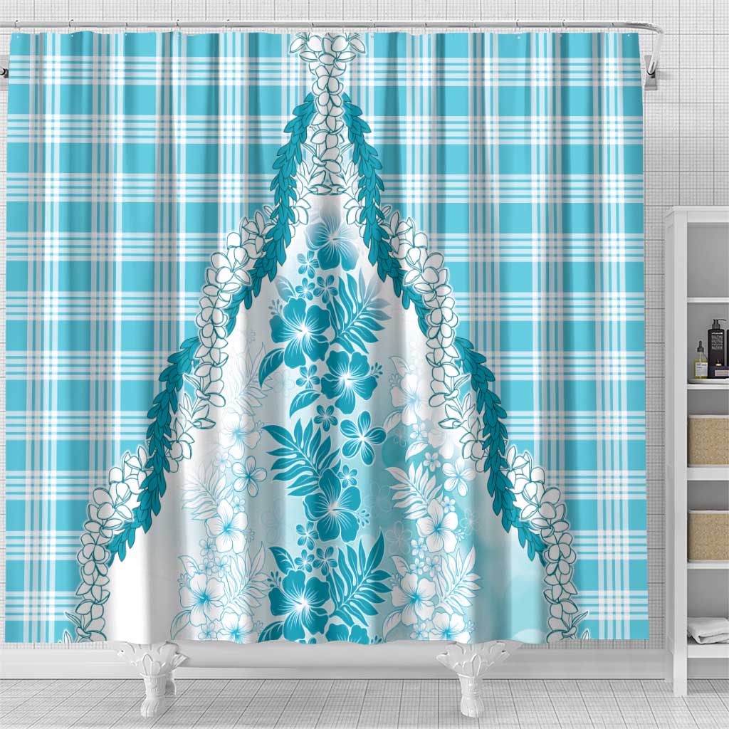 Aloha Hawaii Palaka Shower Curtain Blue Plumeria Lei - Polynesian Pride