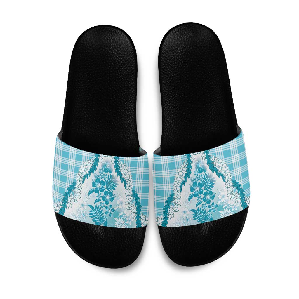 Aloha Hawaii Palaka Slide Sandals Blue Plumeria Lei - Polynesian Pride