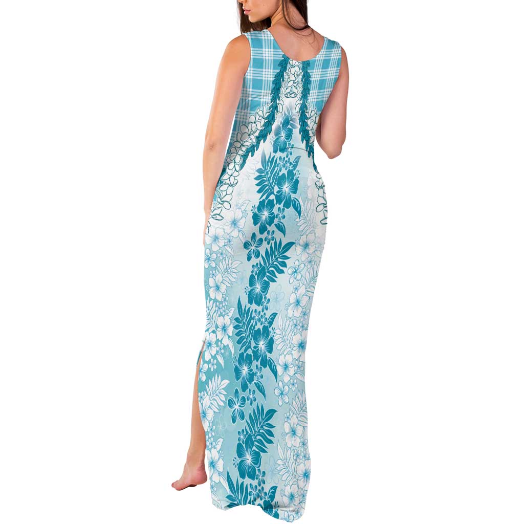 Aloha Hawaii Palaka Tank Maxi Dress Blue Plumeria Lei - Polynesian Pride