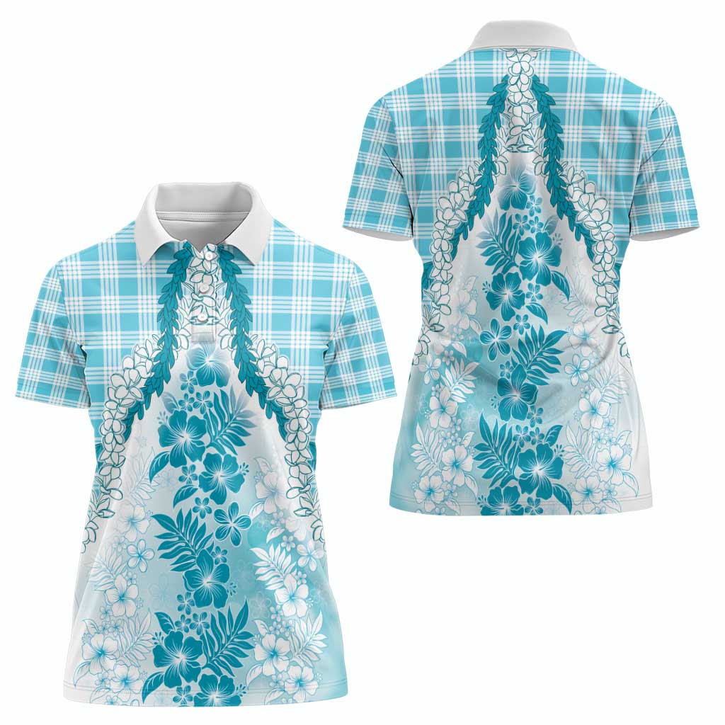 Aloha Hawaii Palaka Women Polo Shirt Blue Plumeria Lei - Polynesian Pride