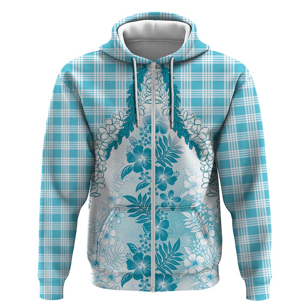 Aloha Hawaii Palaka Zip Hoodie Blue Plumeria Lei - Polynesian Pride