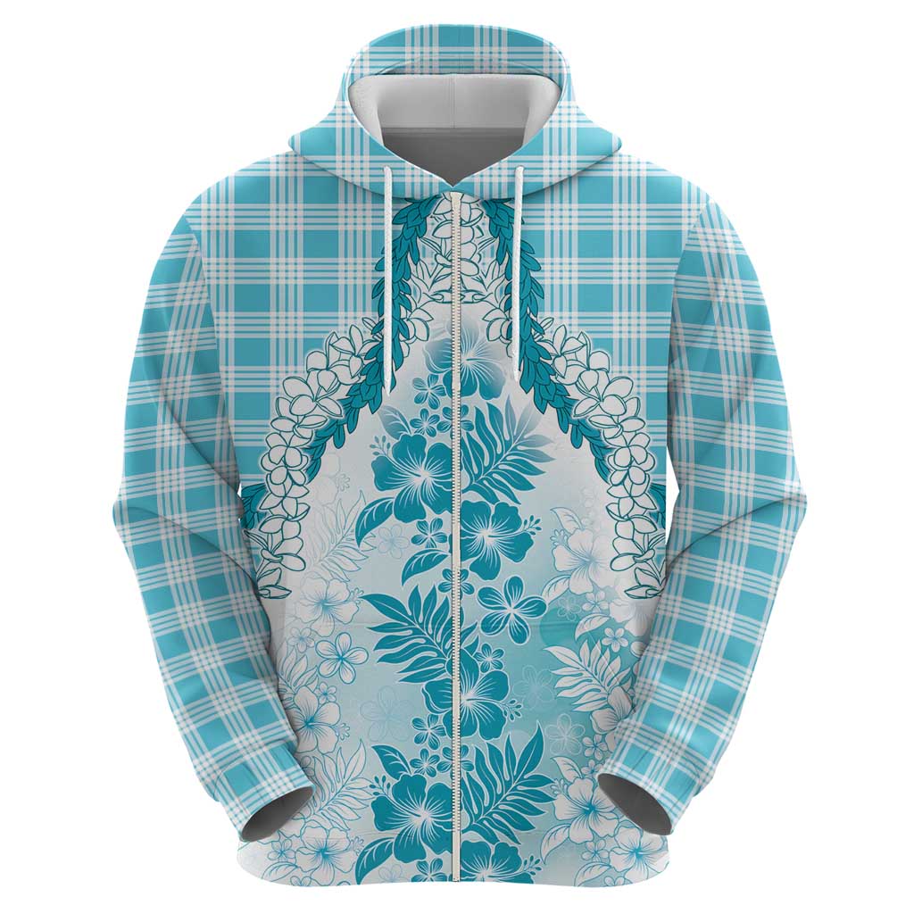 Aloha Hawaii Palaka Zip Hoodie Blue Plumeria Lei - Polynesian Pride