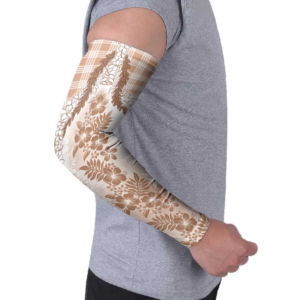 Aloha Hawaii Palaka Arm Sleeves Beige Plumeria Lei - Polynesian Pride