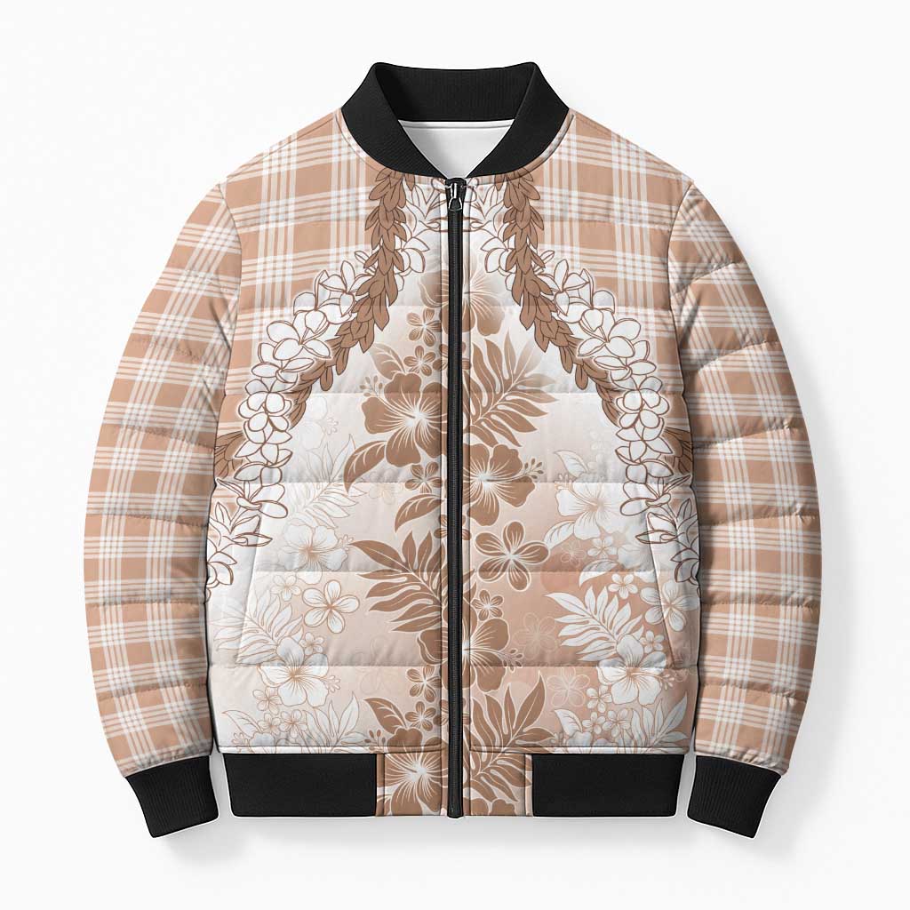 Aloha Hawaii Palaka Bomber Puffer Jacket Beige Plumeria Lei - Polynesian Pride