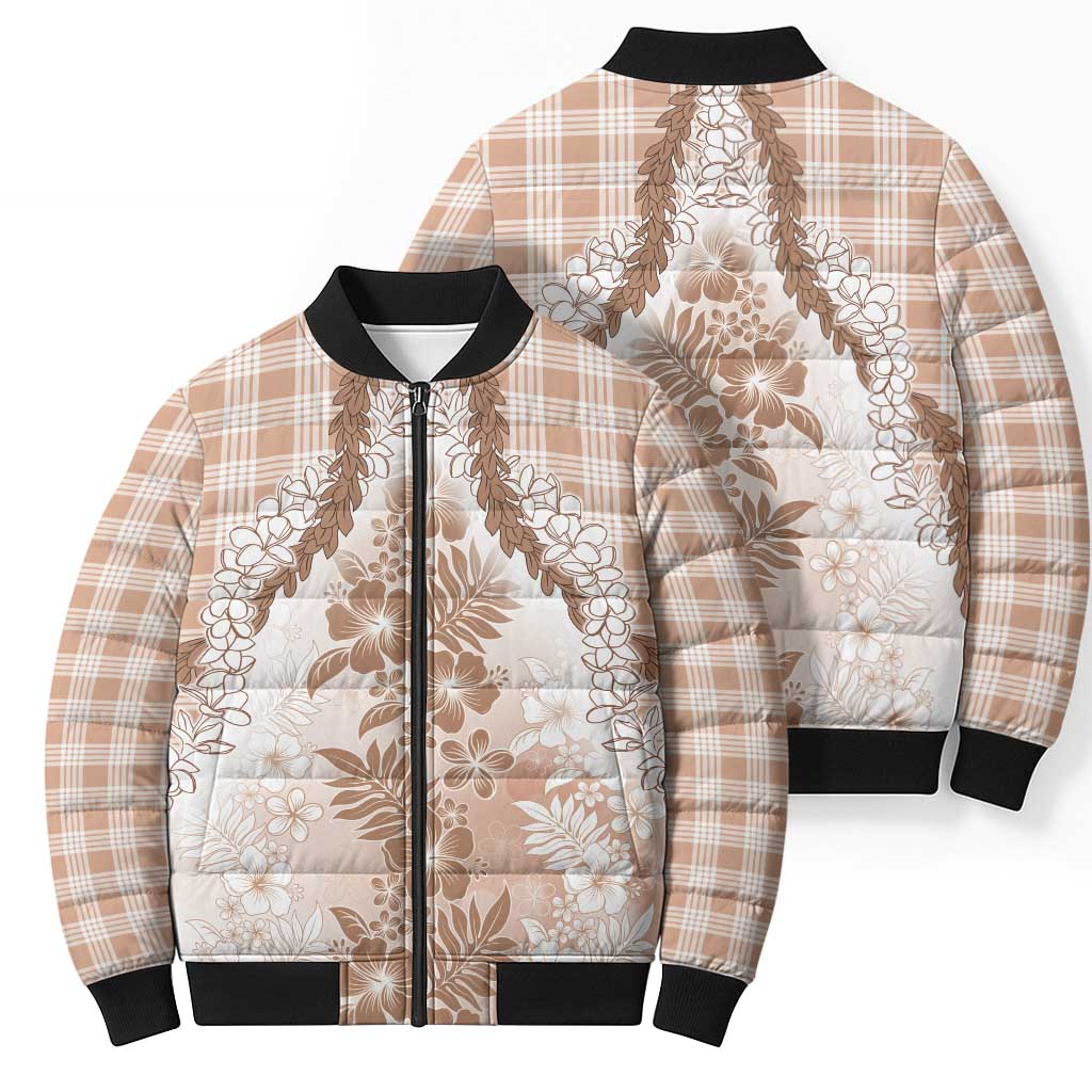 Aloha Hawaii Palaka Bomber Puffer Jacket Beige Plumeria Lei - Polynesian Pride