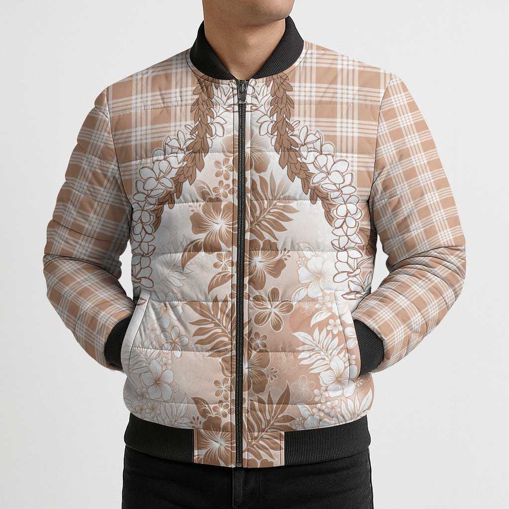 Aloha Hawaii Palaka Bomber Puffer Jacket Beige Plumeria Lei - Polynesian Pride