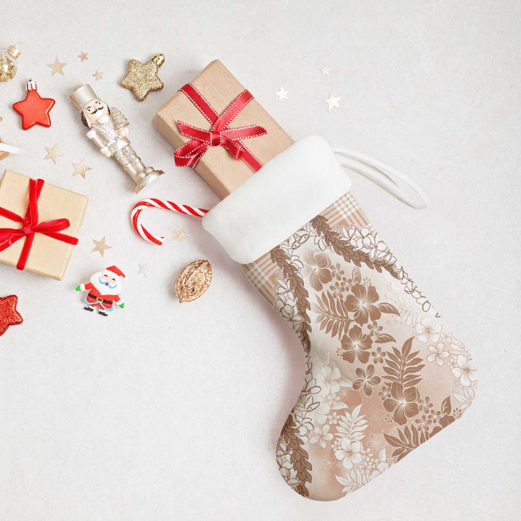 Aloha Hawaii Palaka Christmas Stocking Beige Plumeria Lei - Polynesian Pride