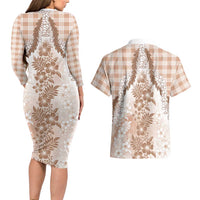 Aloha Hawaii Palaka Couples Matching Long Sleeve Bodycon Dress and Hawaiian Shirt Beige Plumeria Lei - Polynesian Pride
