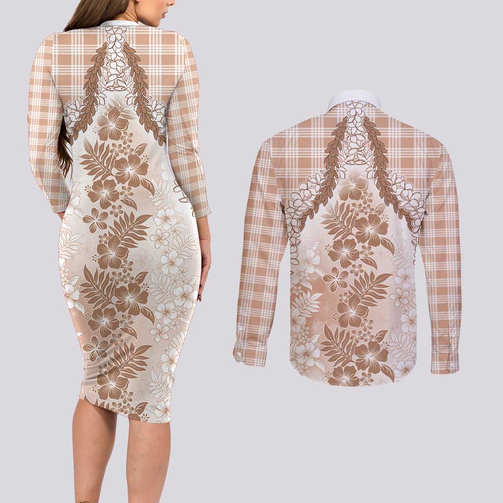 Aloha Hawaii Palaka Couples Matching Long Sleeve Bodycon Dress and Long Sleeve Button Shirt Beige Plumeria Lei - Polynesian Pride