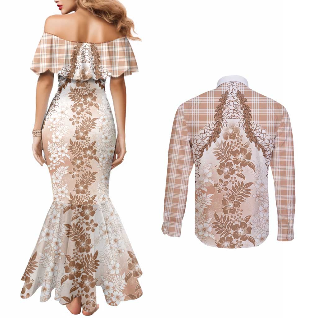 Aloha Hawaii Palaka Couples Matching Mermaid Dress and Long Sleeve Button Shirt Beige Plumeria Lei - Polynesian Pride