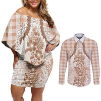 Aloha Hawaii Palaka Couples Matching Off Shoulder Short Dress and Long Sleeve Button Shirt Beige Plumeria Lei LT05 Beige - Polynesian Pride