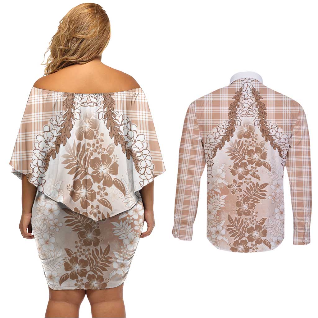 Aloha Hawaii Palaka Couples Matching Off Shoulder Short Dress and Long Sleeve Button Shirt Beige Plumeria Lei LT05 - Polynesian Pride