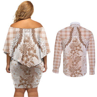 Aloha Hawaii Palaka Couples Matching Off Shoulder Short Dress and Long Sleeve Button Shirt Beige Plumeria Lei LT05 - Polynesian Pride