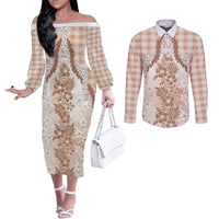 Aloha Hawaii Palaka Couples Matching Off The Shoulder Long Sleeve Dress and Long Sleeve Button Shirt Beige Plumeria Lei - Polynesian Pride