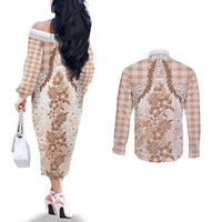Aloha Hawaii Palaka Couples Matching Off The Shoulder Long Sleeve Dress and Long Sleeve Button Shirt Beige Plumeria Lei - Polynesian Pride