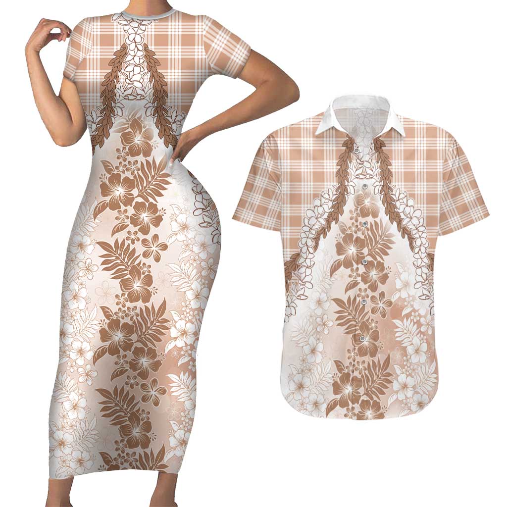 Aloha Hawaii Palaka Couples Matching Short Sleeve Bodycon Dress and Hawaiian Shirt Beige Plumeria Lei - Polynesian Pride