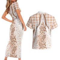 Aloha Hawaii Palaka Couples Matching Short Sleeve Bodycon Dress and Hawaiian Shirt Beige Plumeria Lei - Polynesian Pride