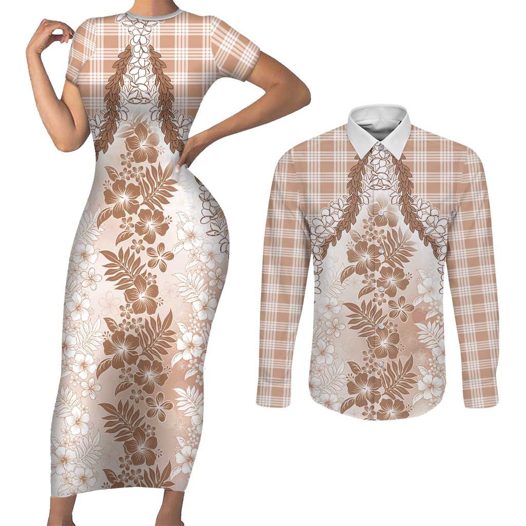 Aloha Hawaii Palaka Couples Matching Short Sleeve Bodycon Dress and Long Sleeve Button Shirt Beige Plumeria Lei - Polynesian Pride