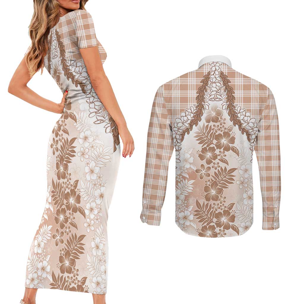 Aloha Hawaii Palaka Couples Matching Short Sleeve Bodycon Dress and Long Sleeve Button Shirt Beige Plumeria Lei - Polynesian Pride